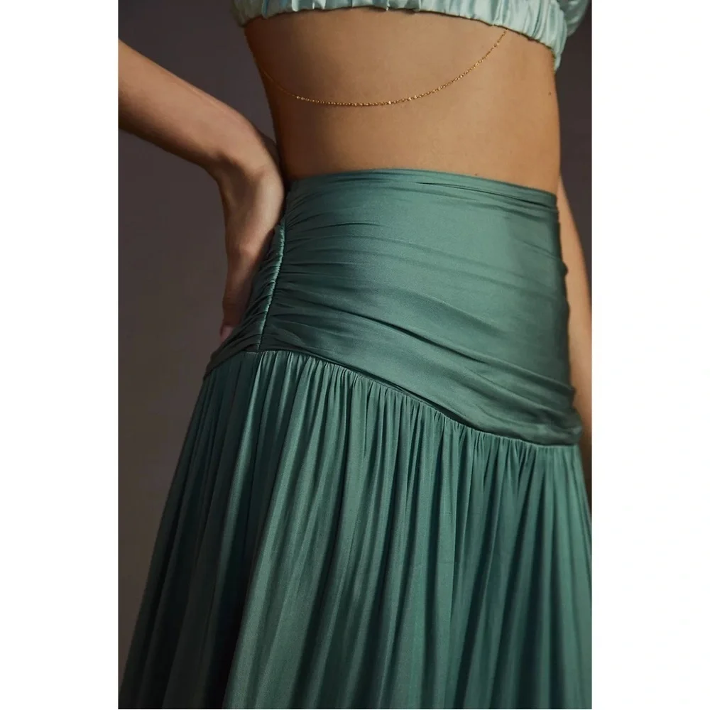 Anthropologie Current Air Green Satin Slit Midi Skirt XS Resort Vacation NWT